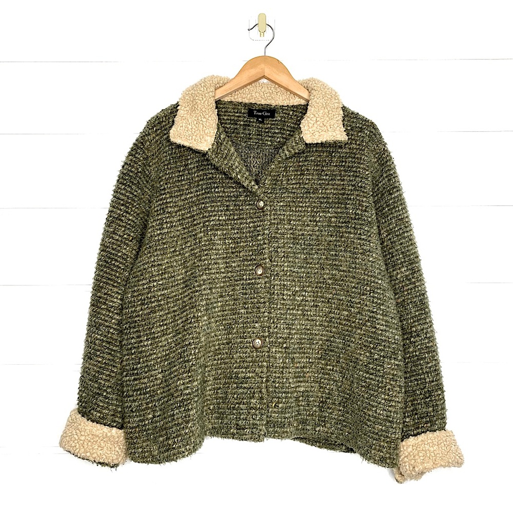 Vintage Olive Green Teddy Jacket with Cream Sherpa Trim